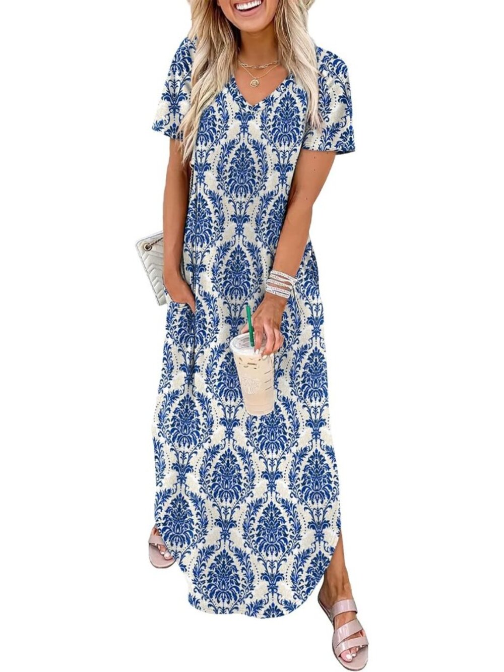 Women's Blue Floral Dress Short Sleeve Pockets Pull On Vacation Beach 2026 - Picture 1 of 5